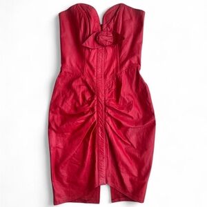 Karen Okada Vintage Red Leather Strapless Corset Midi Dress - XS